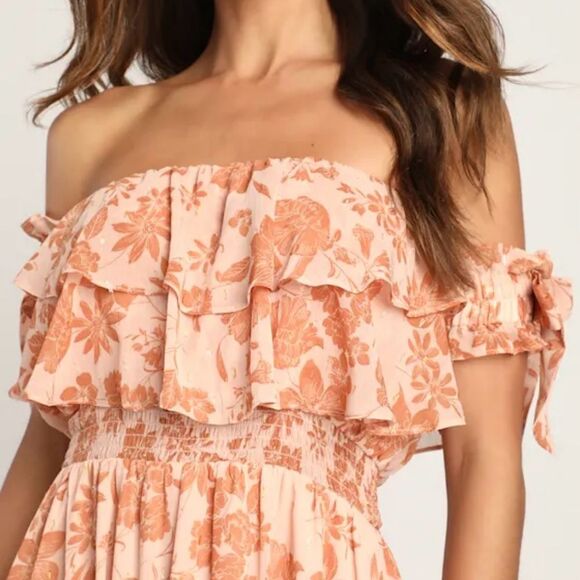 Lulus Love & Blooms Blush Floral Print Off Shoulder Dress M Peach NWT IN PKG - Picture 4 of 9